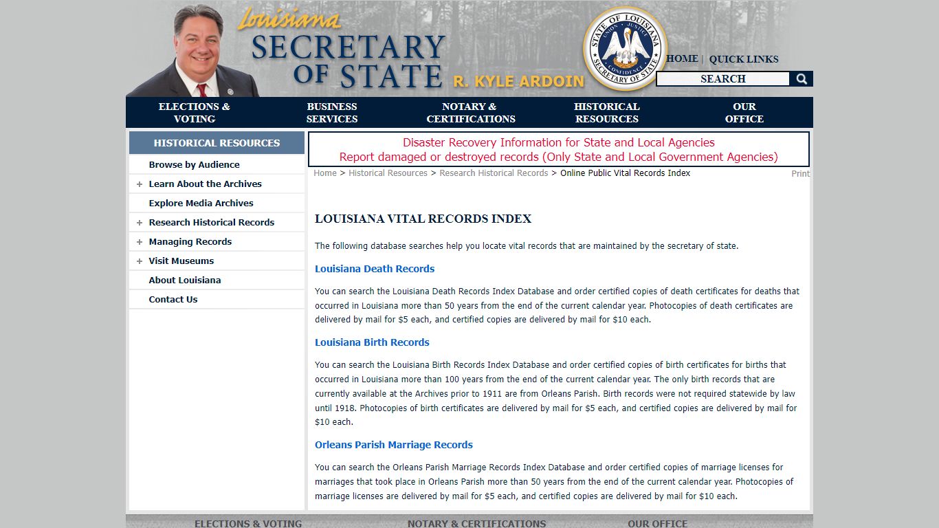Online Public Vital Records Index - Louisiana Secretary of State